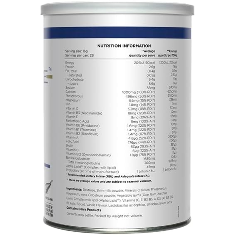 Alpha Lipid Lifeline Colostrum 450g premium New Zealand colostrum powder with probiotics, calcium, vitamins and minerals for daily nutritional support.