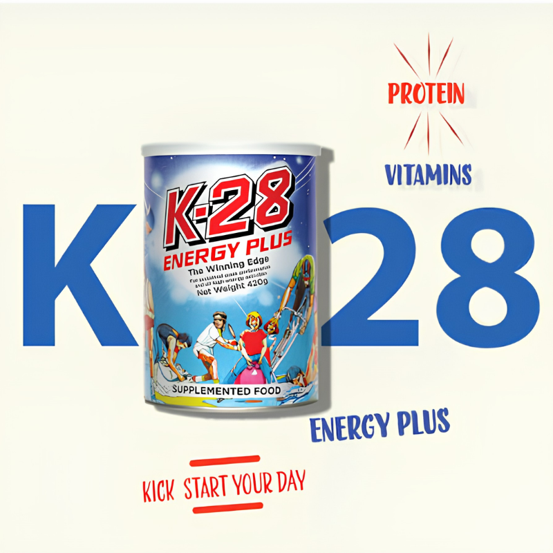 K-28 Energy Plus 420g daily nutritional shake with soy protein, milk powder, vitamins and minerals.