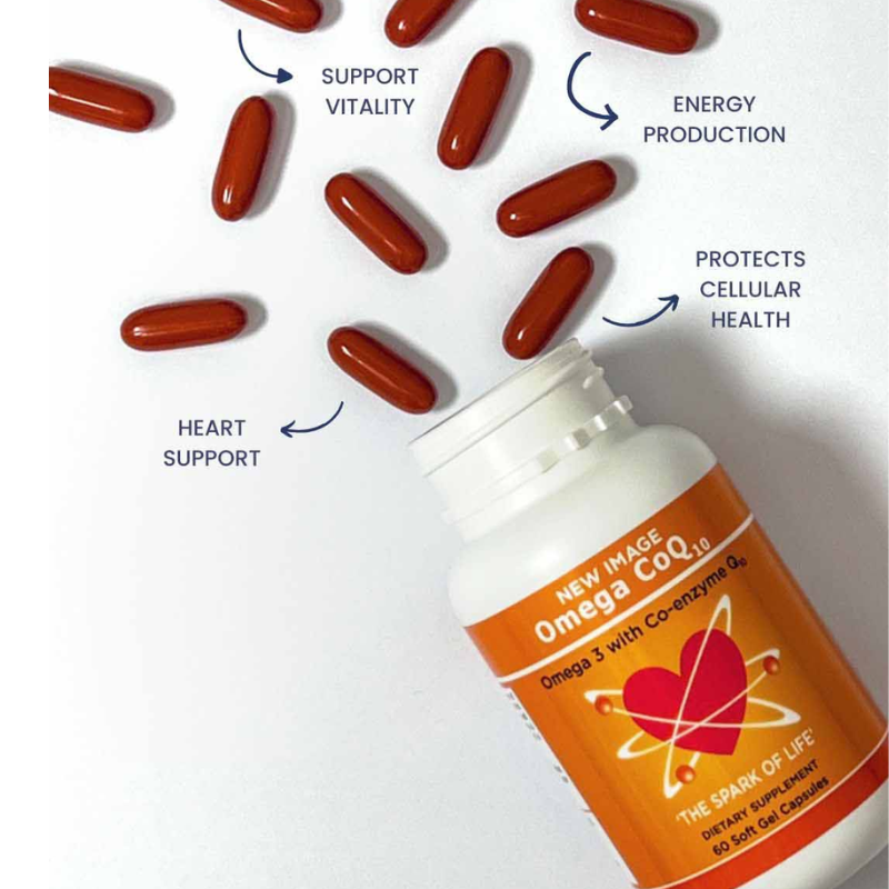 Omega CoQ10 60 Capsules omega-3 fish oil and Coenzyme Q10 dietary supplement.
